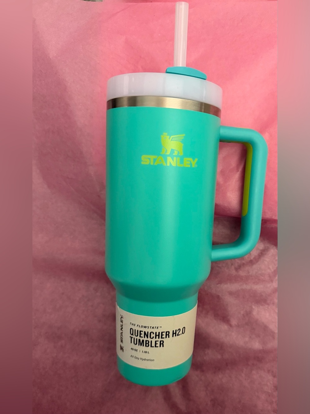 40 oz Stanley Quencher H2.0 Tumbler - Turquoise with Yellow Logo